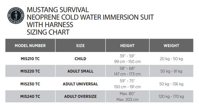 Mustang suit size chart deals